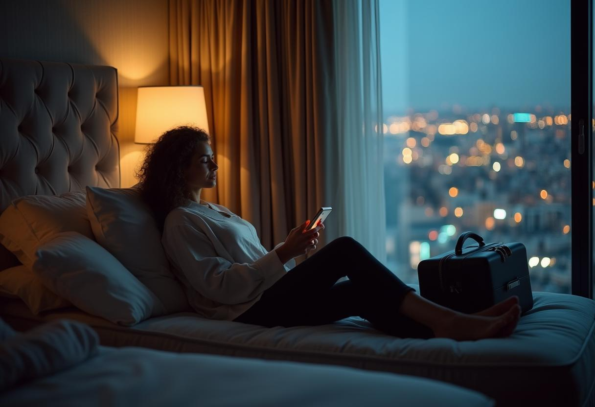 Person lounging on a bed at night, using a phone beside a window with city lights