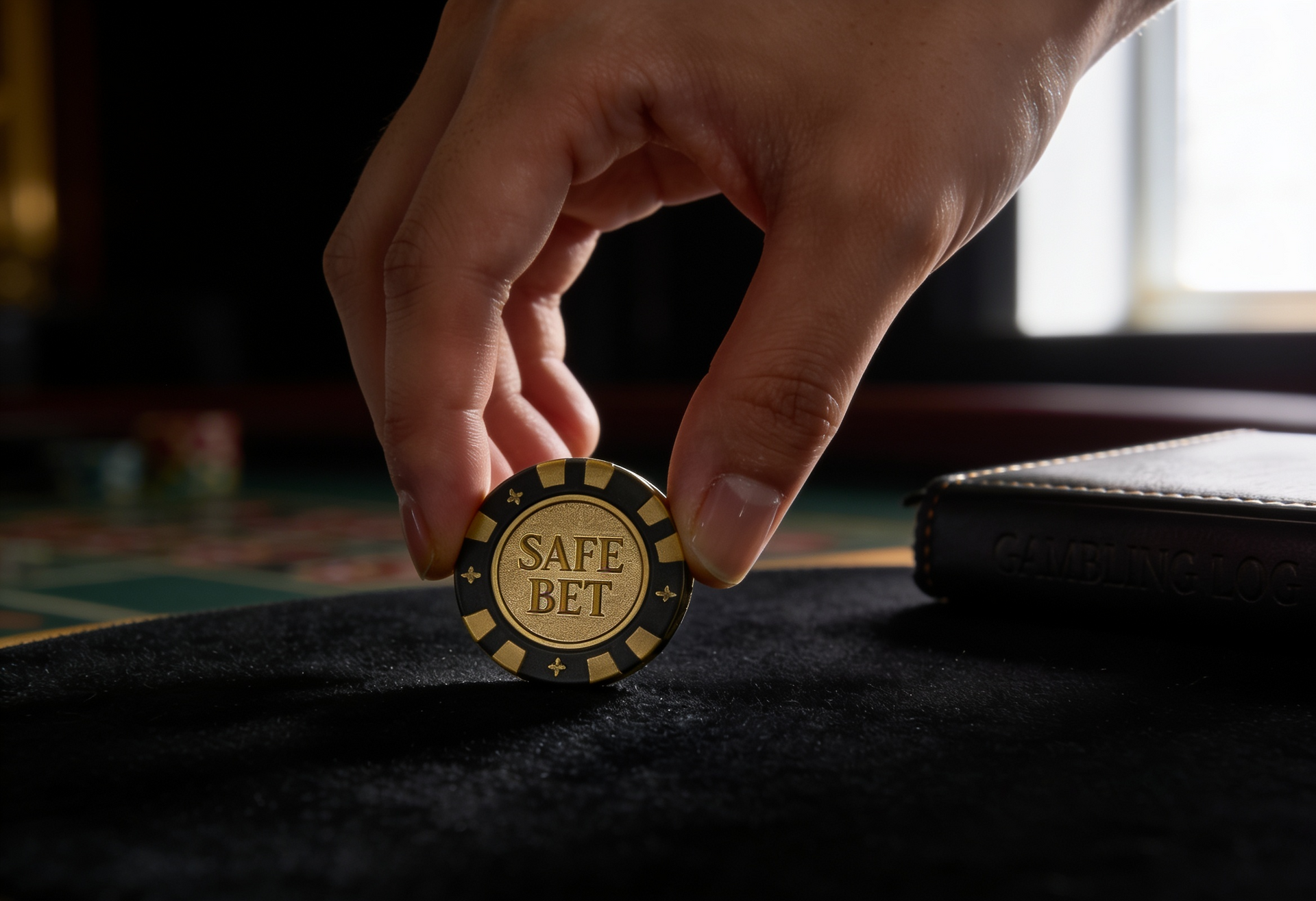 Hand placing a gold Bitcoin coin on a black table near a wallet