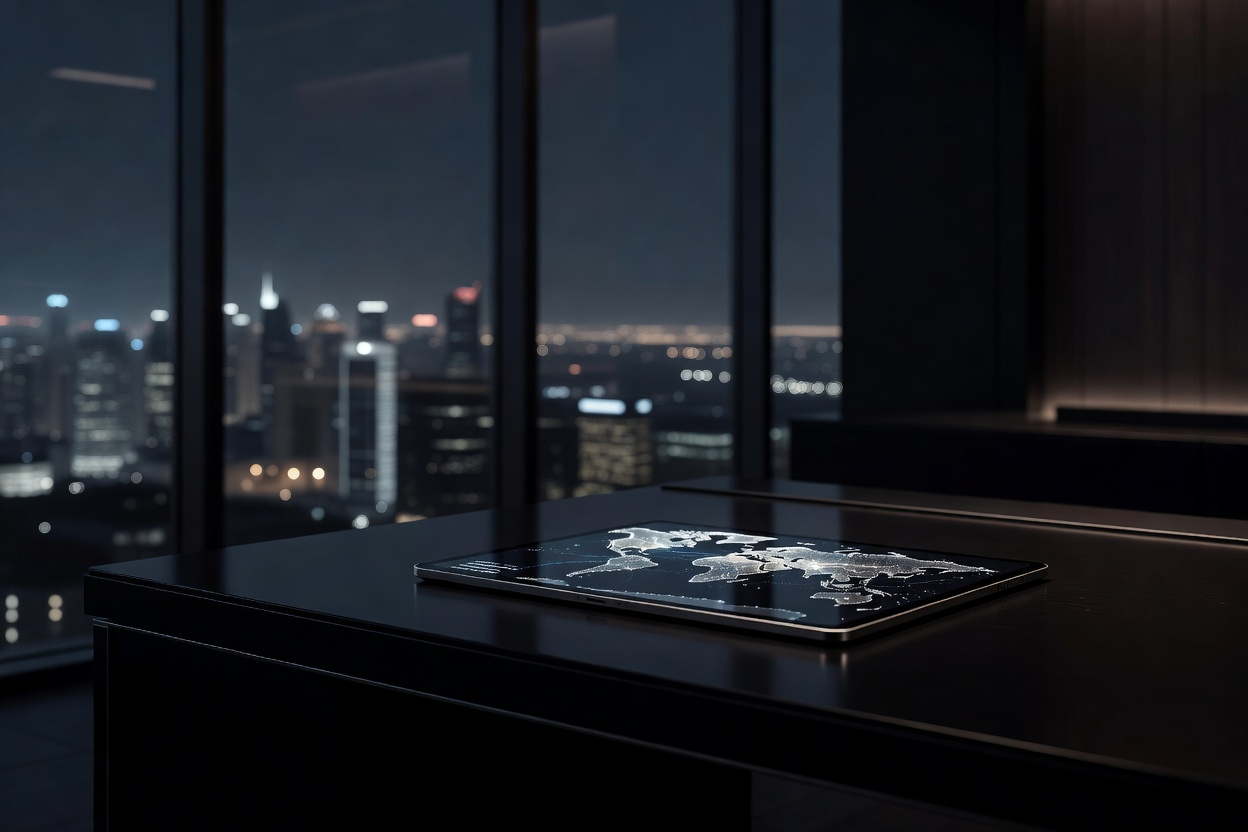 Tablet on a dark desk by a window overlooking a city skyline at night