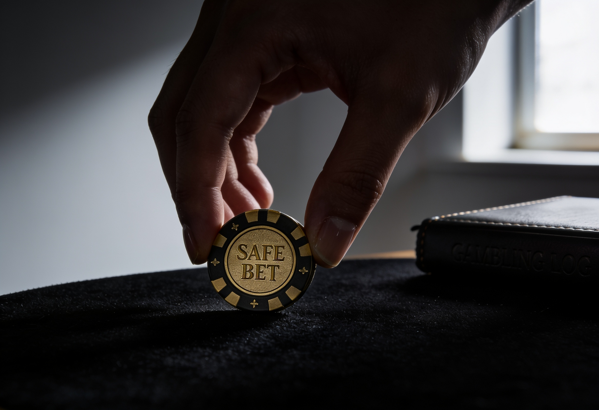Hand placing a gold Bitcoin coin on a dark table beside a black wallet