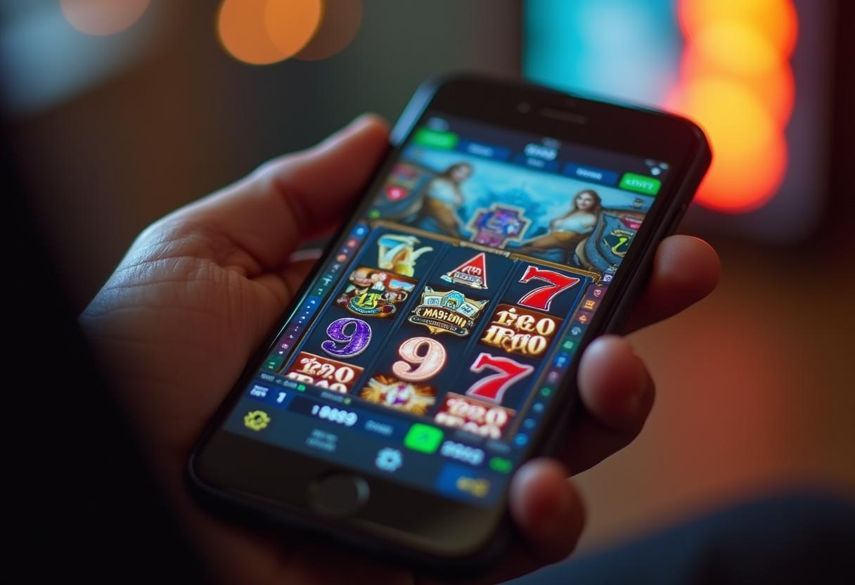 Hand holding a smartphone showing a colorful casino-style slot game screen