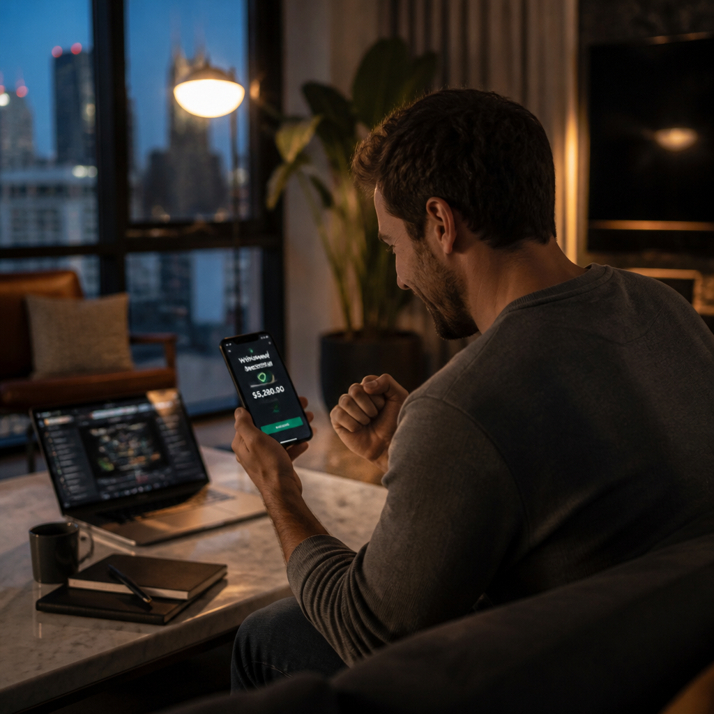 Hand holding cash beside a laptop, smartphone, and stacks of coins on a dark desk