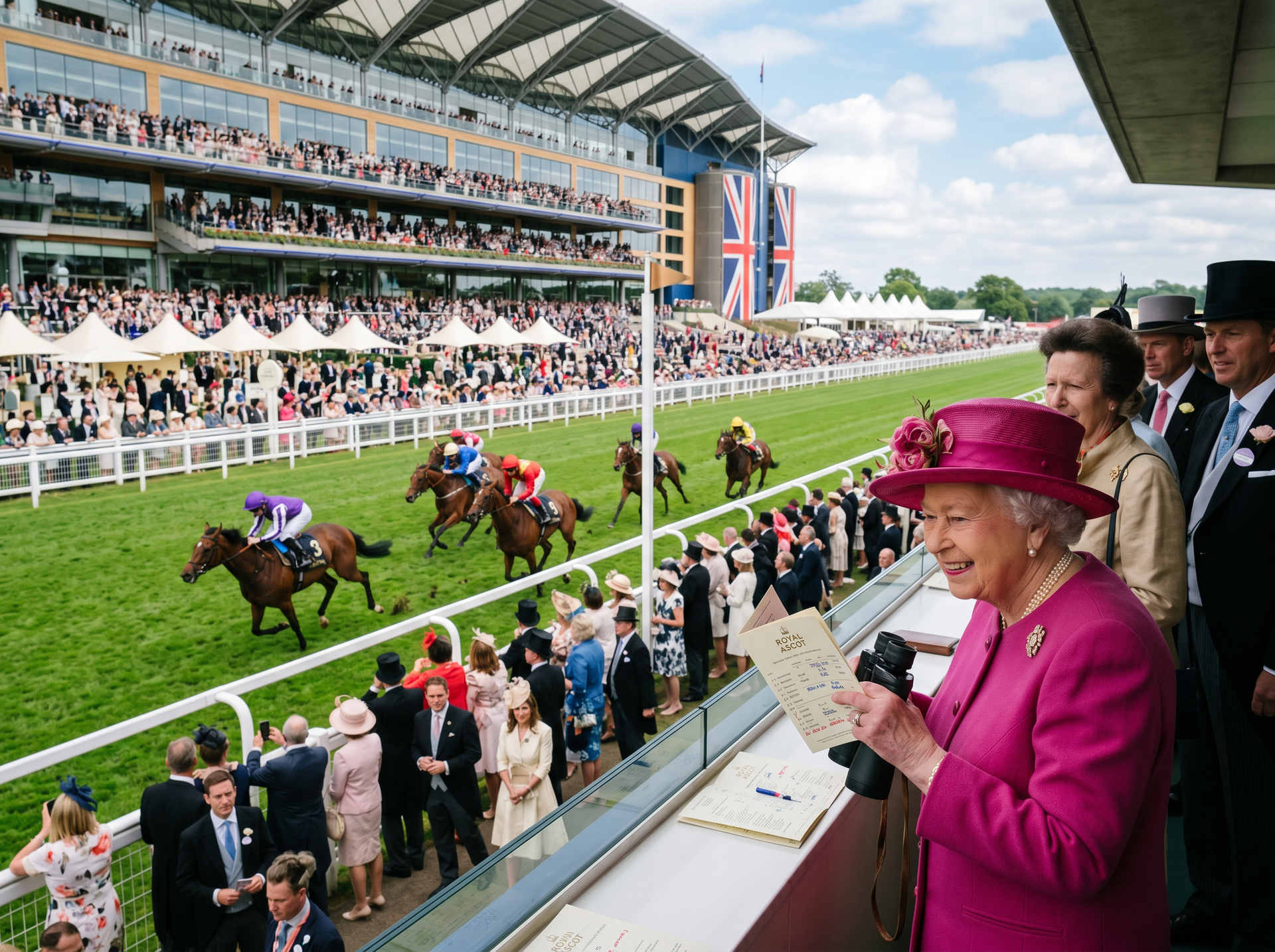 Queen in pink hat watching horse race from a grandstand balcony