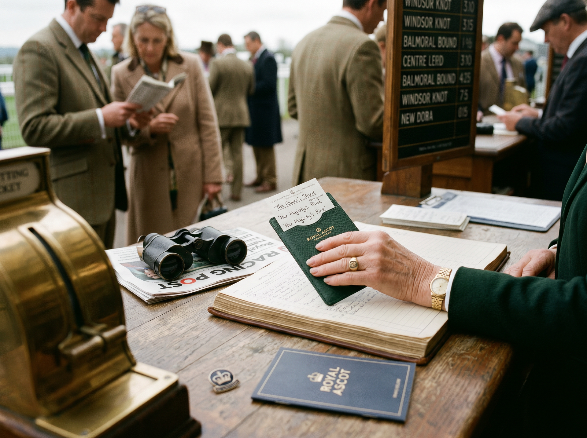 Vendor table with brochures and binoculars, a hand holding a green pamphlet in a busy outdoor market