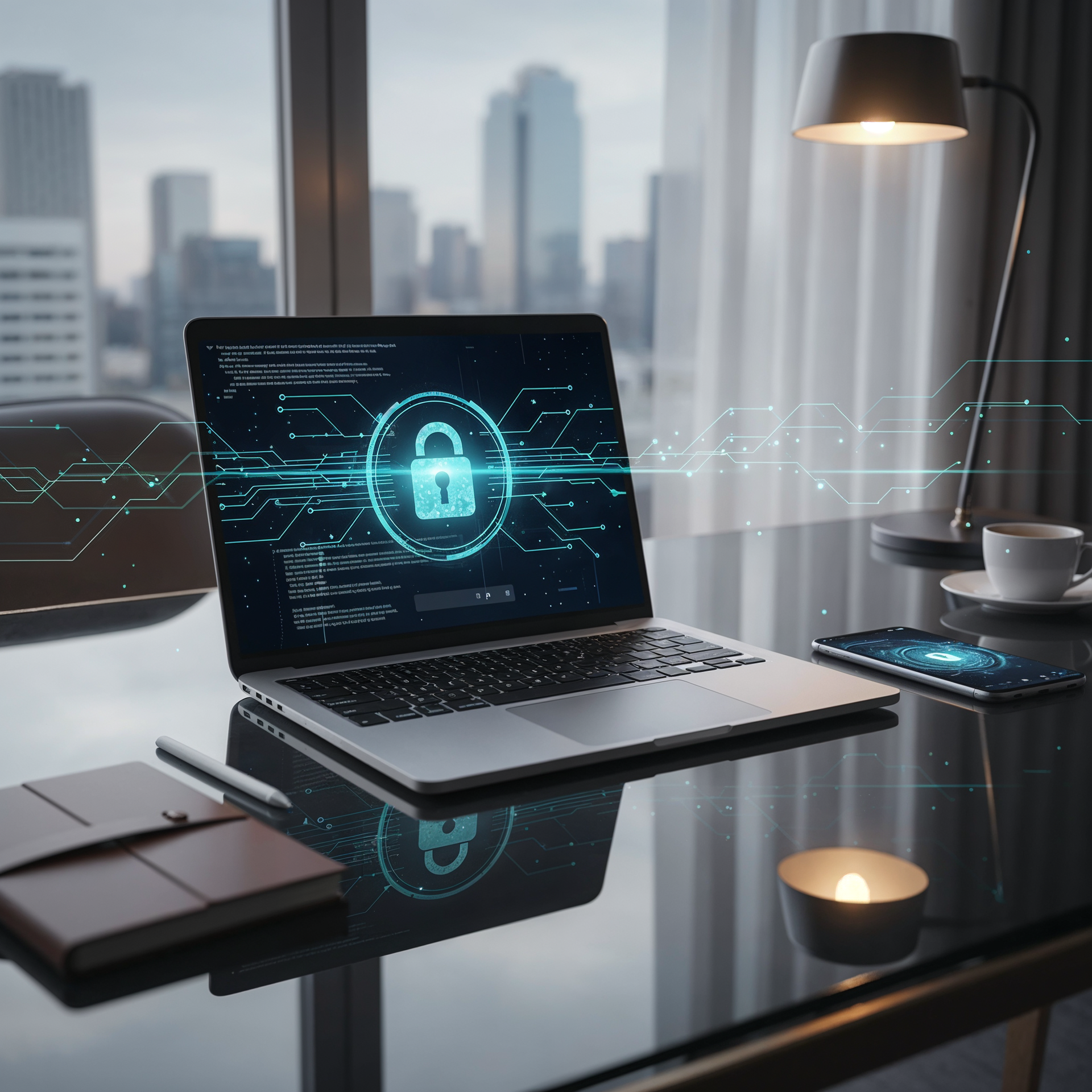 Laptop with glowing lock icon on a glass desk in a modern office, suggesting cybersecurity and data protection