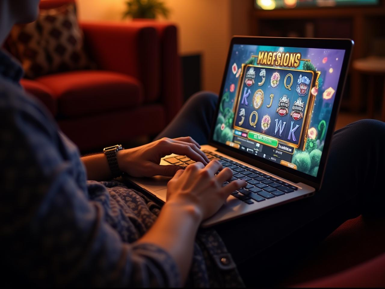 Person using a laptop with a colorful slot game on screen in a dimly lit room