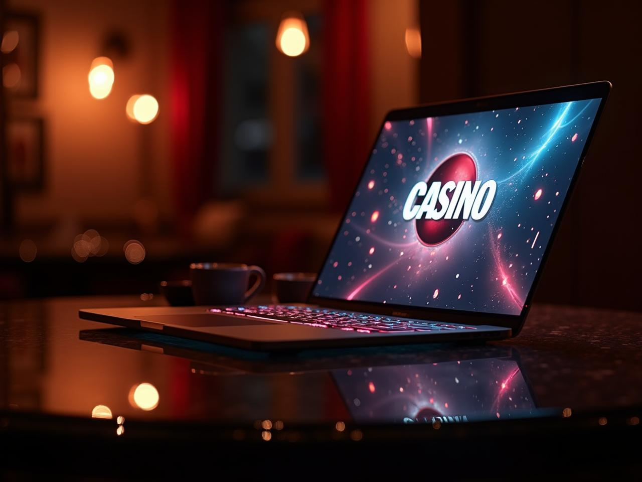 Laptop displaying “CASINO” on a dark reflective table in a dim, warm-lit room