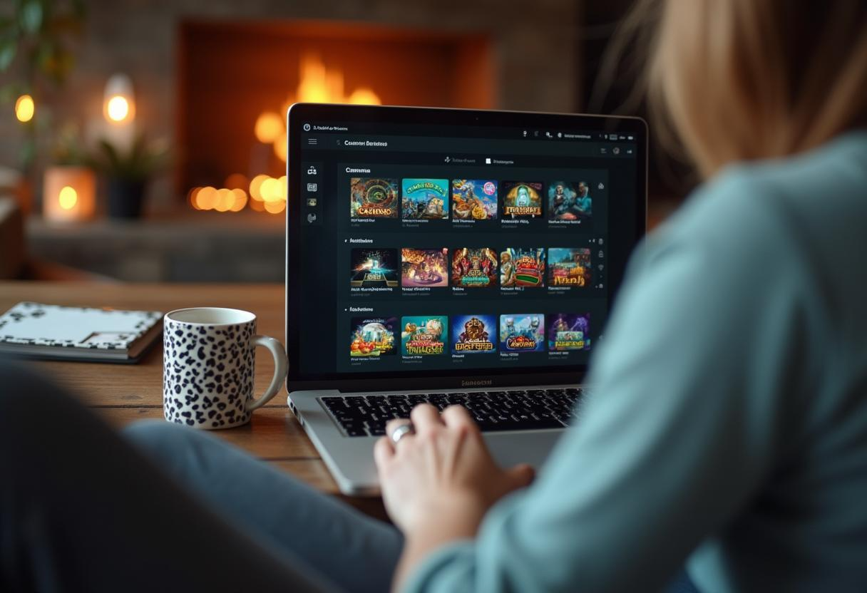 Person using a laptop on a couch, browsing a streaming site beside a coffee cup and phone.