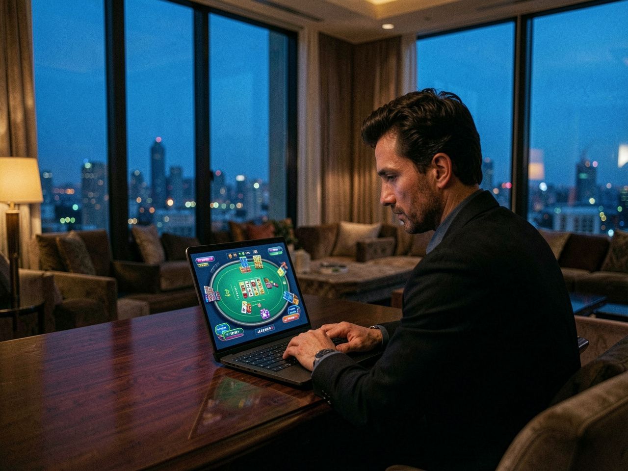 Man using a laptop at a wooden table in a modern room with city lights visible through large windows.