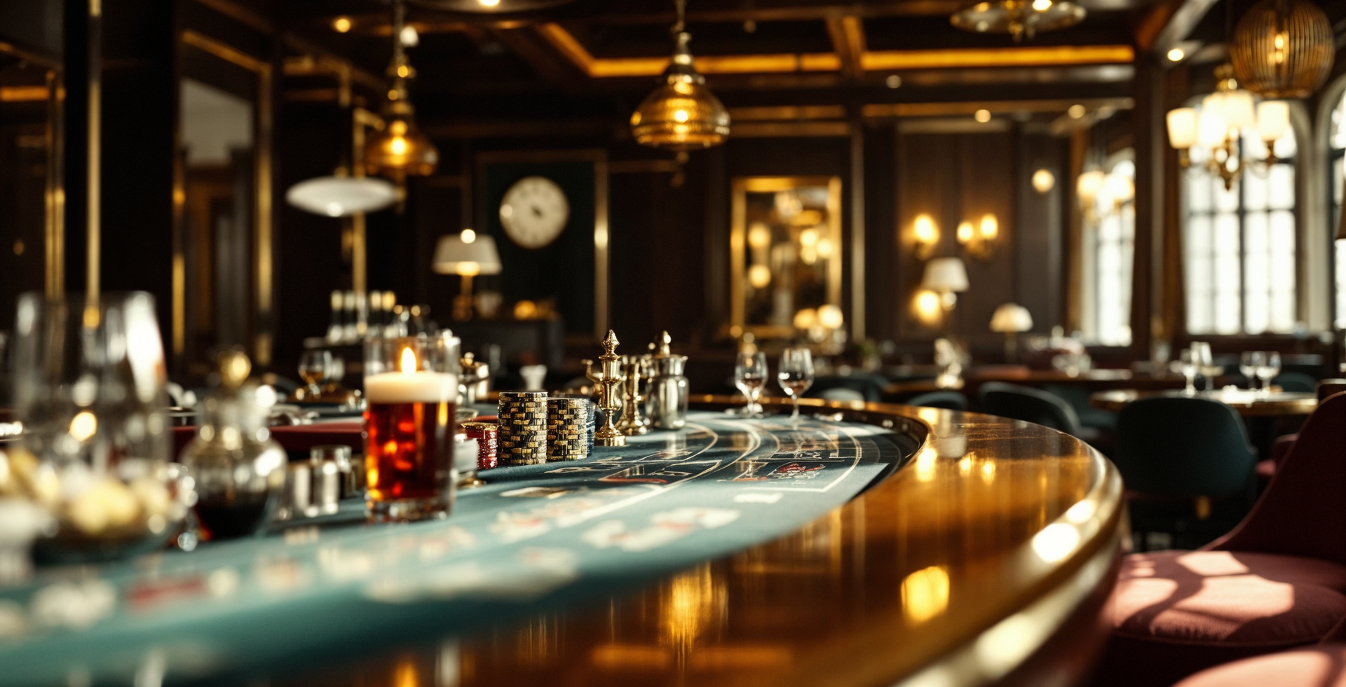 Dimly lit upscale bar with a polished counter, glasses, and warm ambient lighting