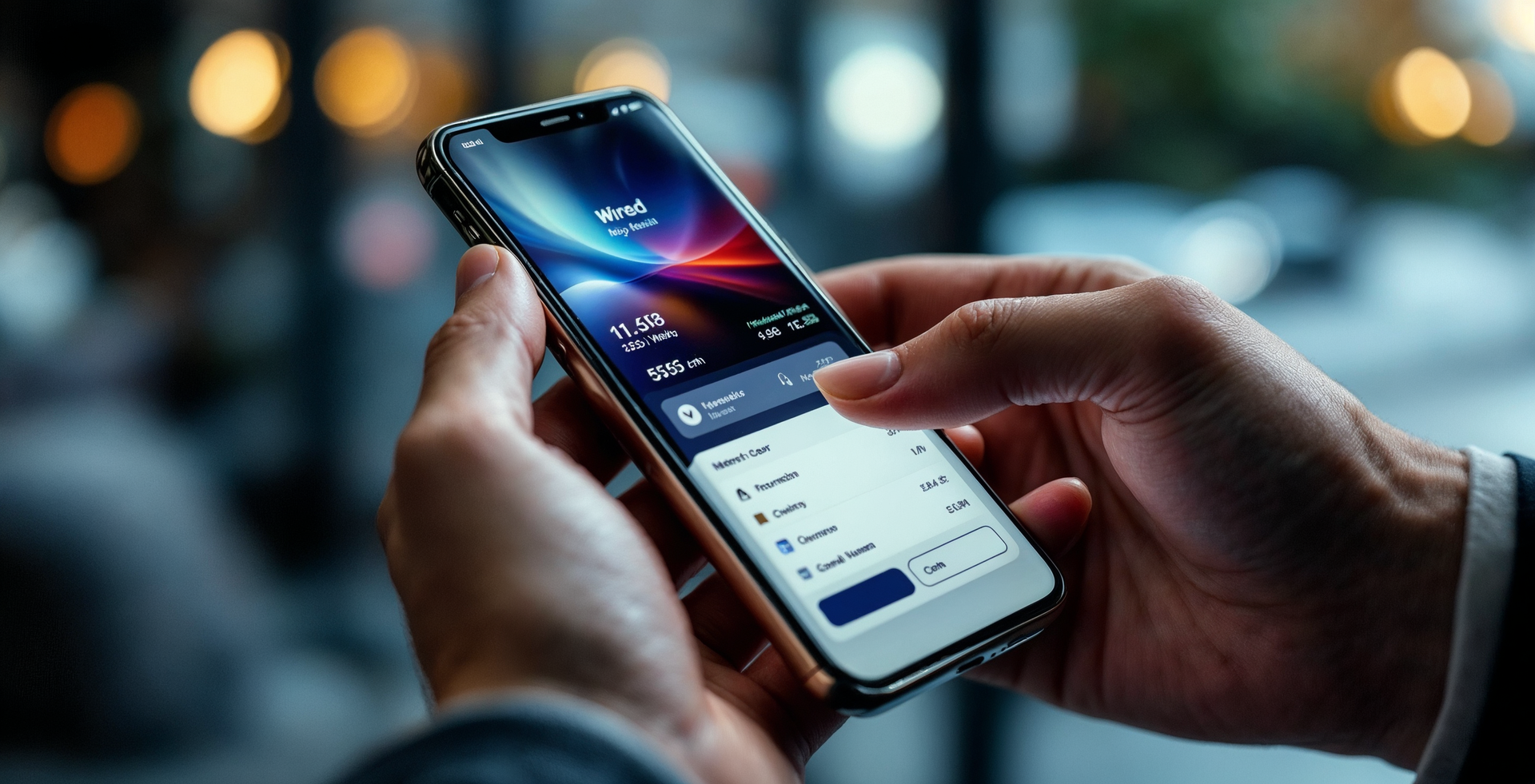 Hands holding a smartphone showing a financial trading app on a dark background