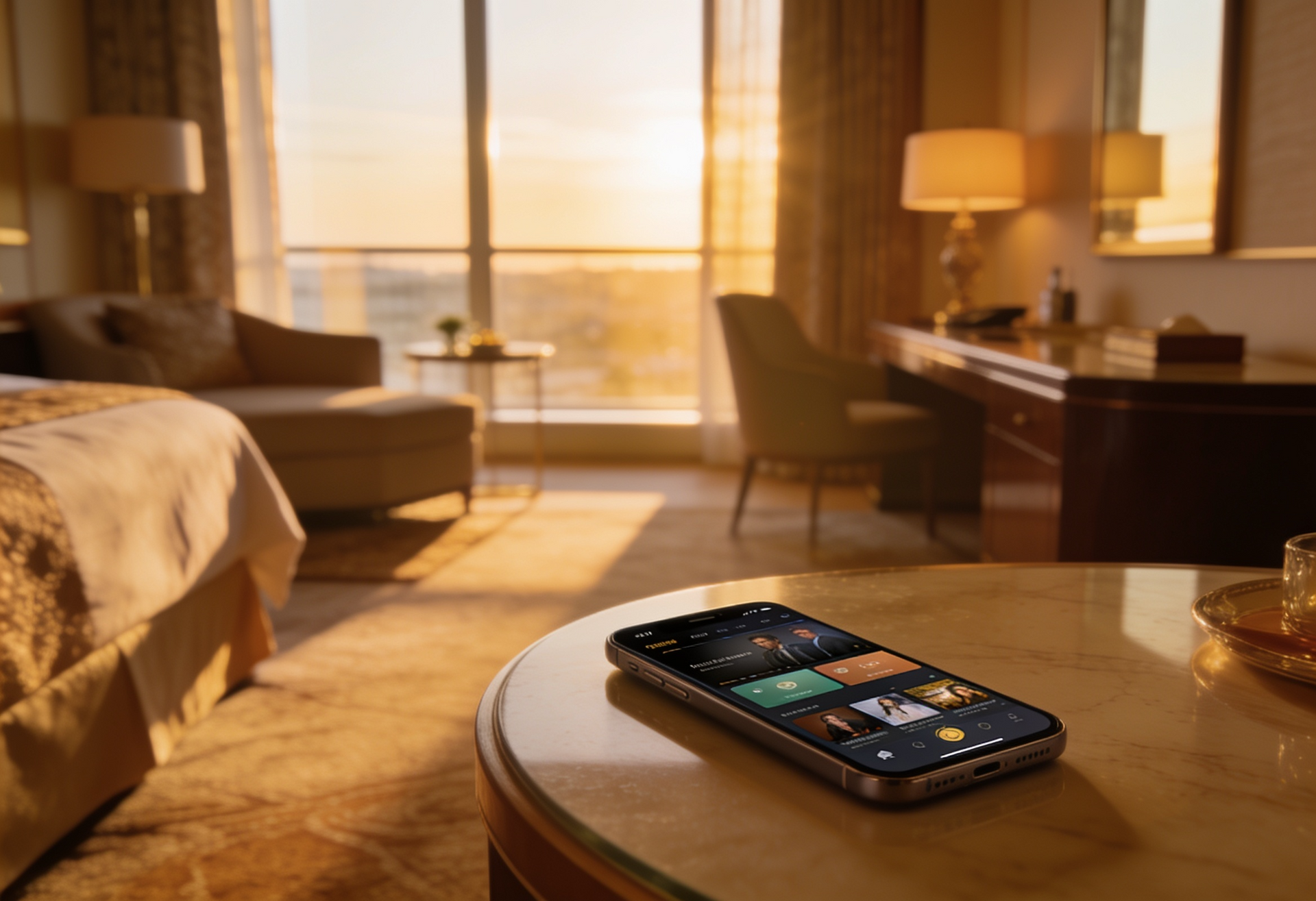 Smartphone on a table in a sunlit hotel room with a bed, desk, and large window in the background