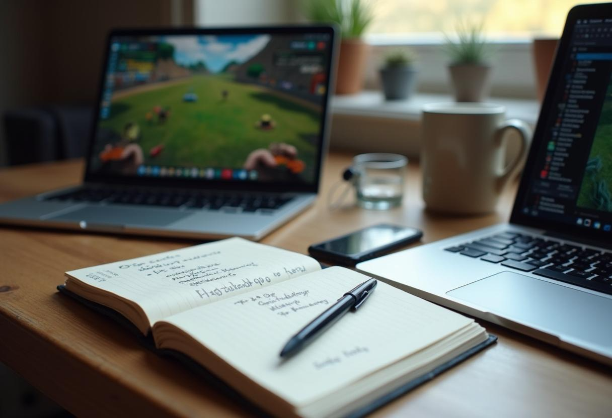 Open notebook with pen on desk beside laptop and coffee mug in a bright workspace