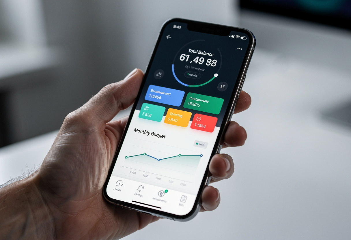 Hand holding a smartphone displaying a finance app dashboard with charts and colorful cards