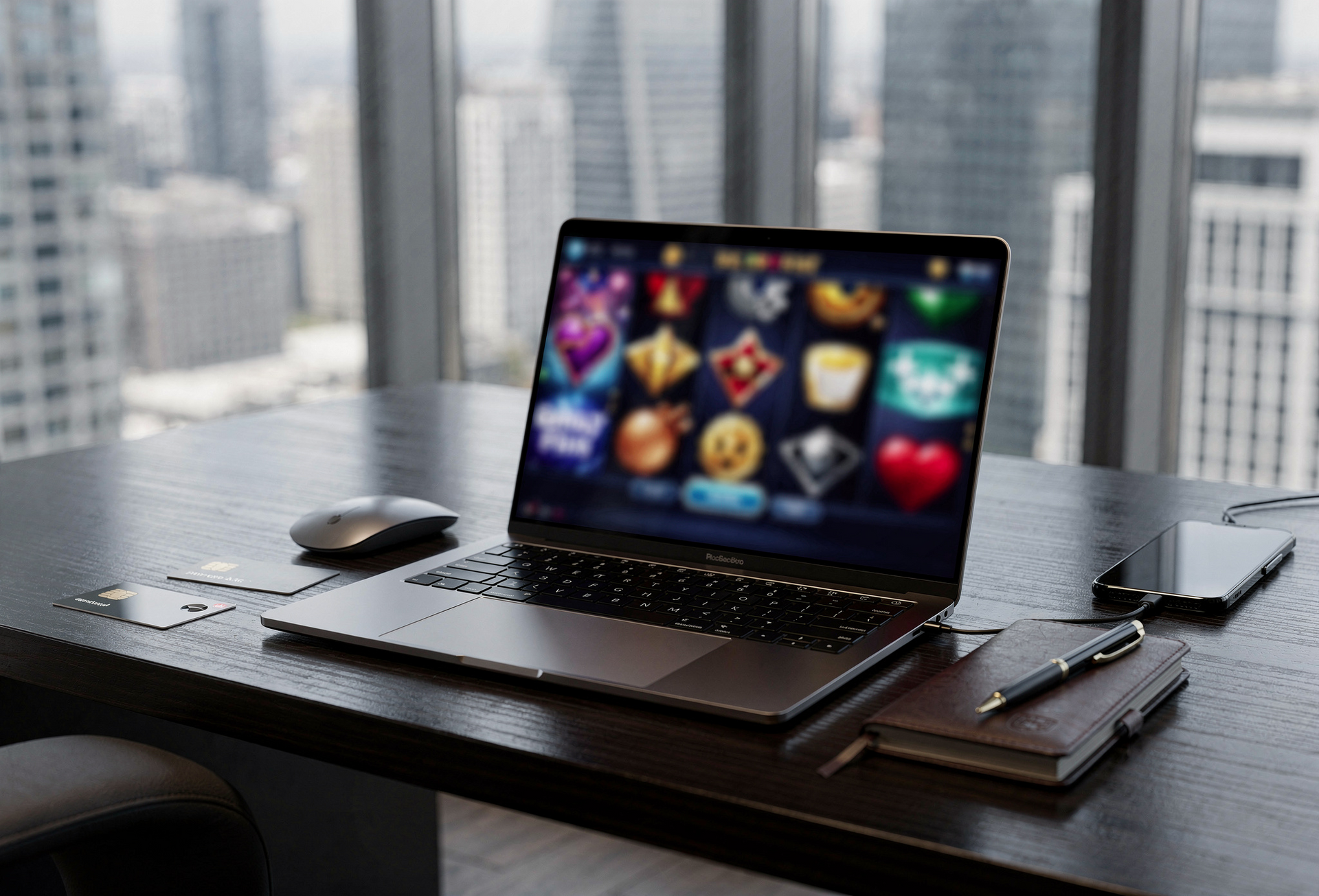 Laptop on a dark desk with app icons on screen, beside a smartphone and notebook by a city window