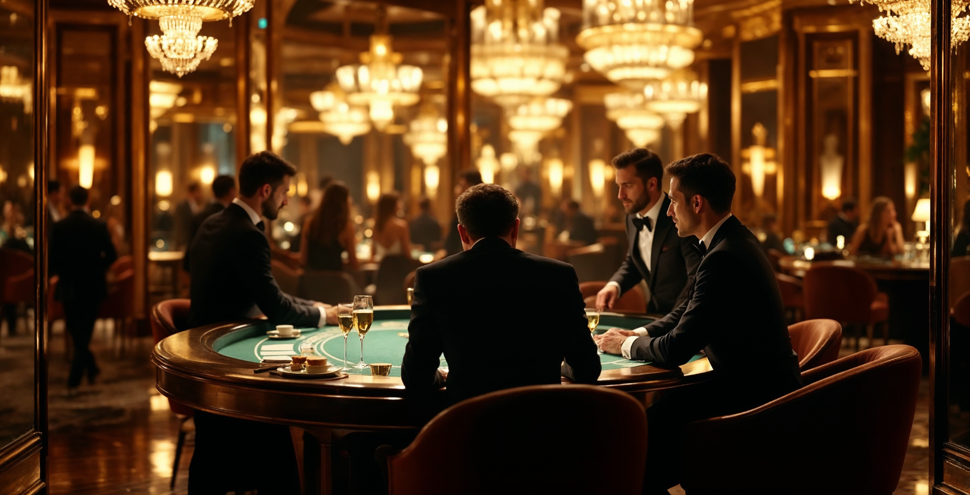 Three people sit at a round table in a warm, ornate casino lounge.