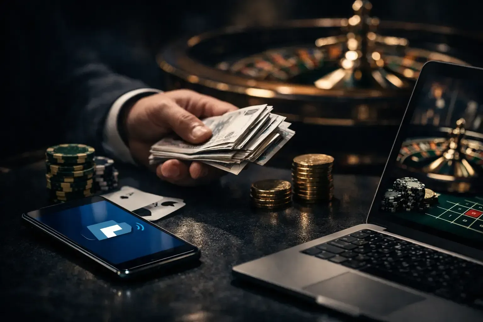 Hand holding cash beside laptop, smartphone, and stacks of coins on a dark desk