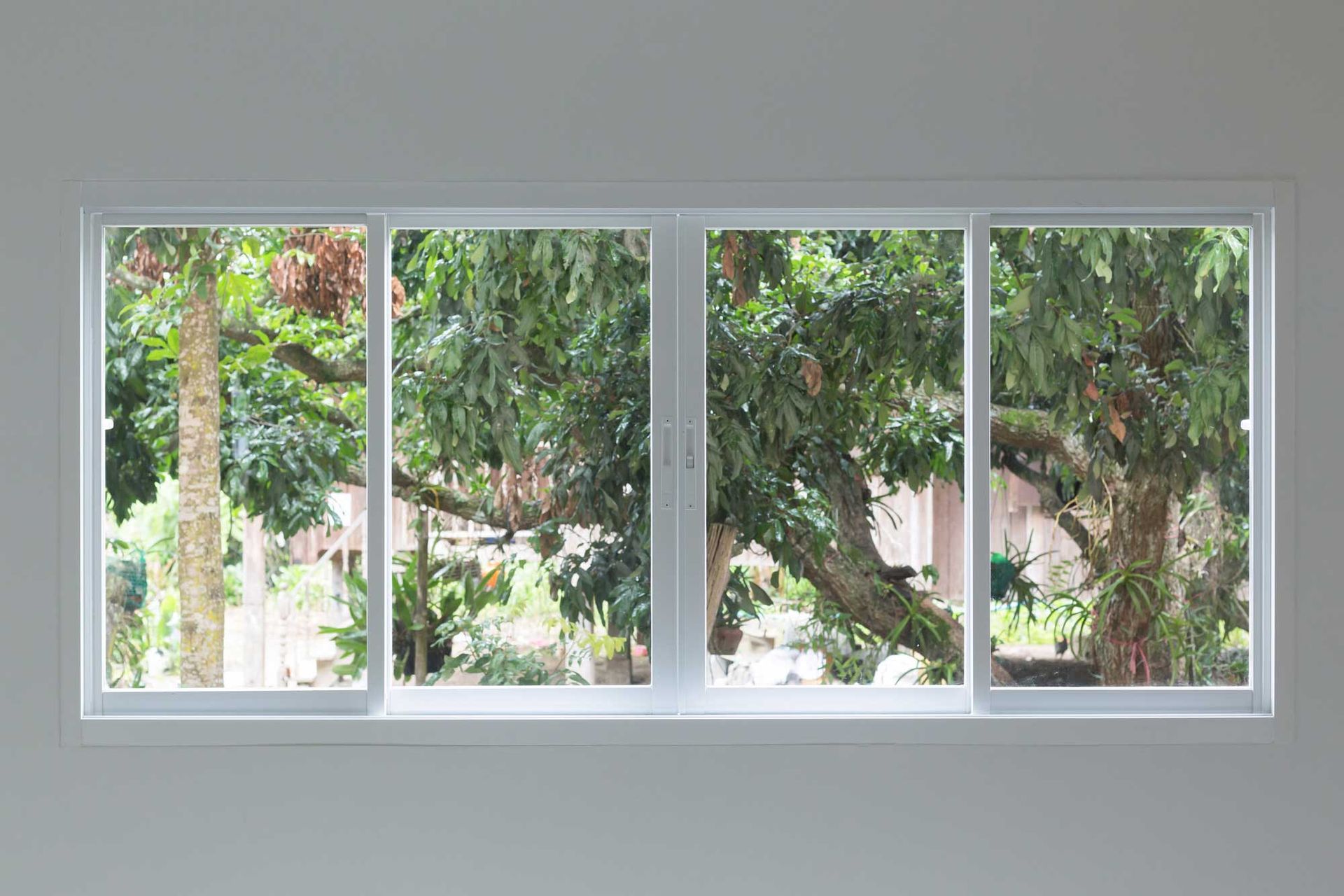A large window with a view of trees in a room.