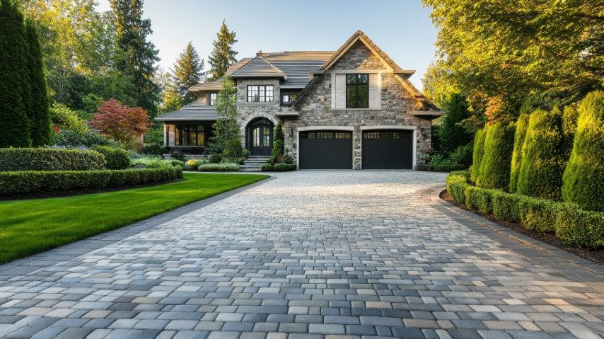 A brick driveway leading to a large house with two garages.