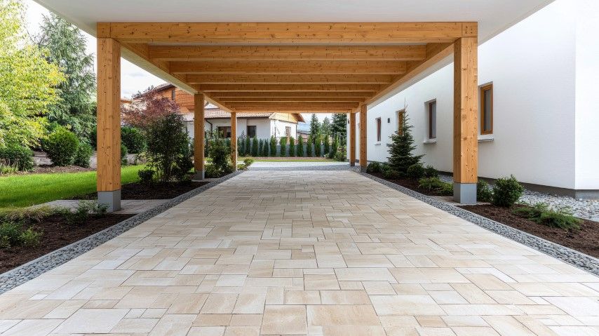 A driveway leading to a house with a wooden canopy over it.