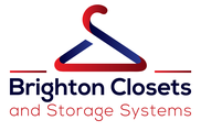 Logo for Brighton Closets. Red and blue stylized hanger above text.