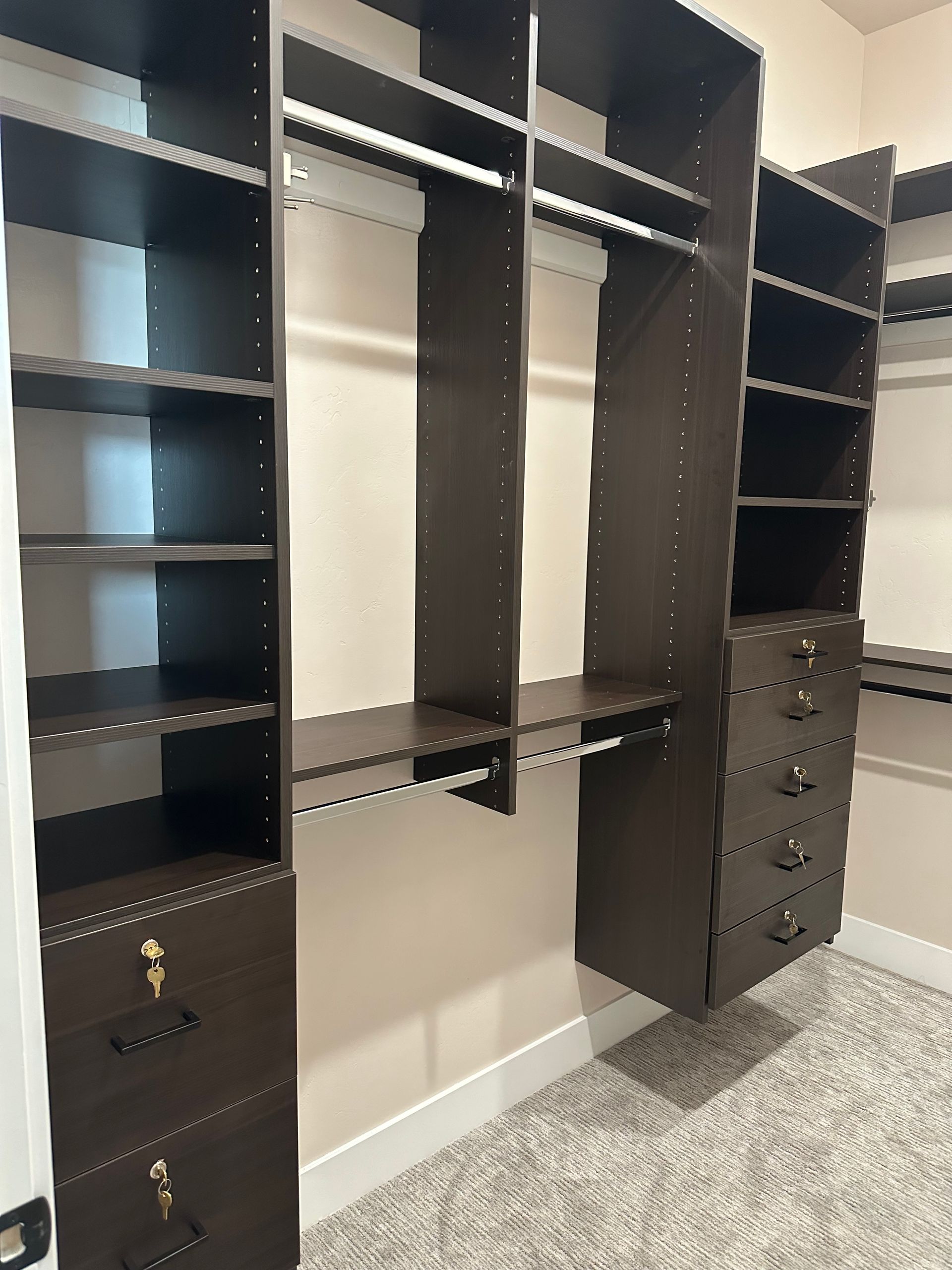 Dark brown closet organizer with shelves, drawers, and hanging rods. Light-colored walls and carpet.