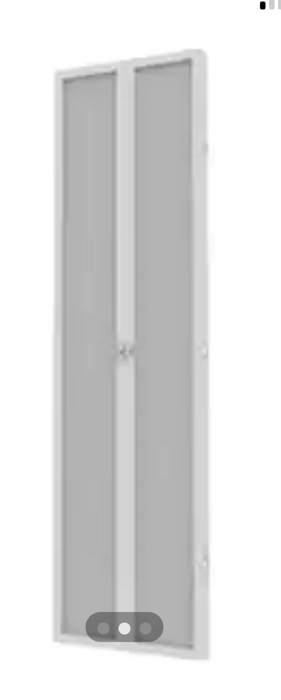 A white, double-doored wardrobe. The doors are grey, with a central door handle.