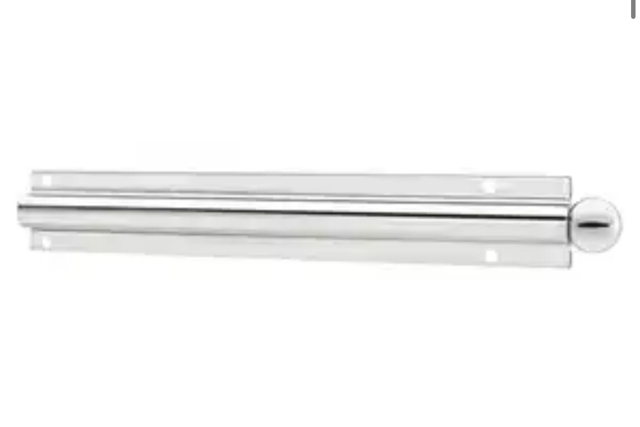 Silver metal towel bar with a ball-shaped end and mounting plates, viewed horizontally.