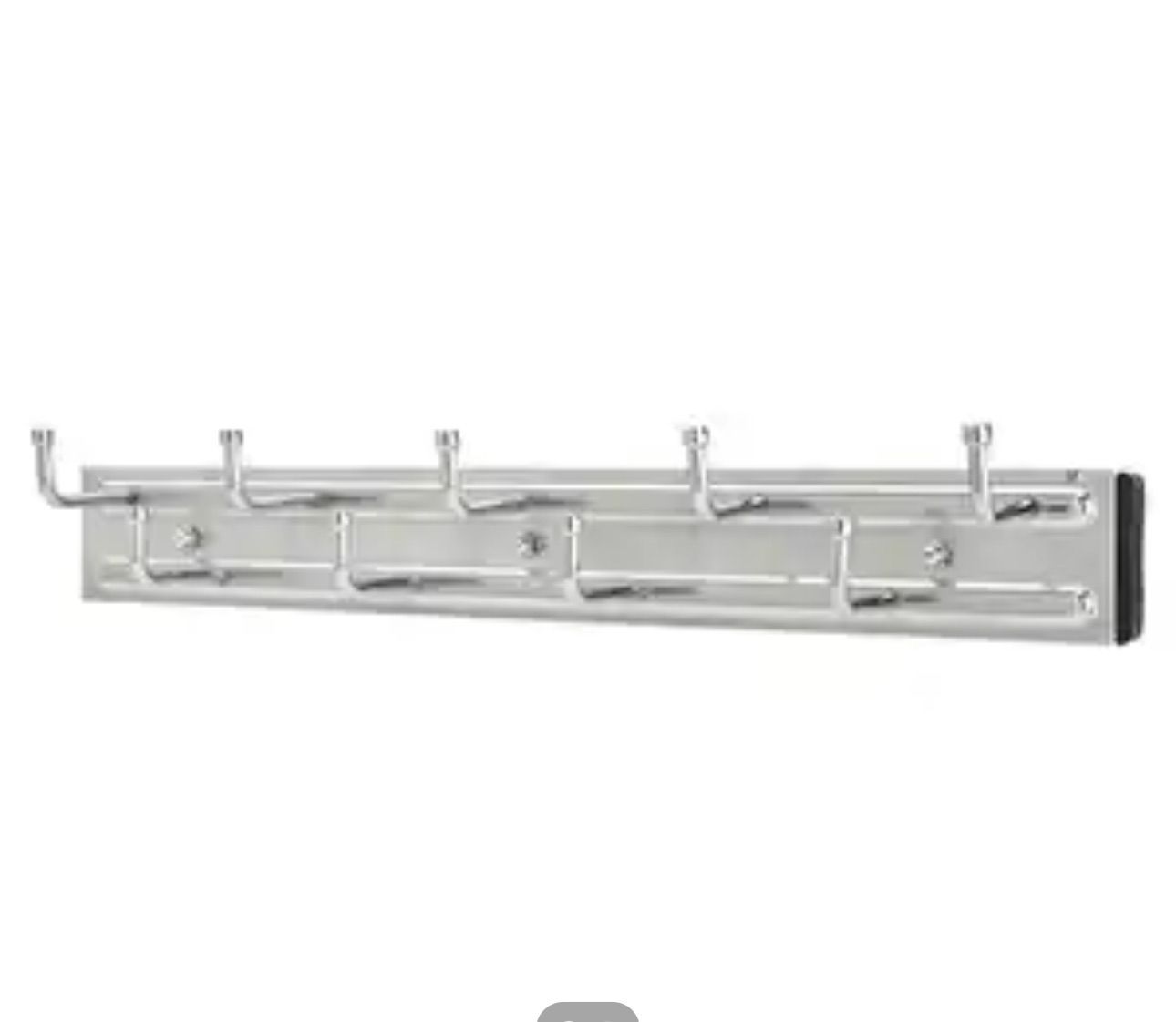 Silver metal wall-mounted coat rack with six hooks and a black end piece.