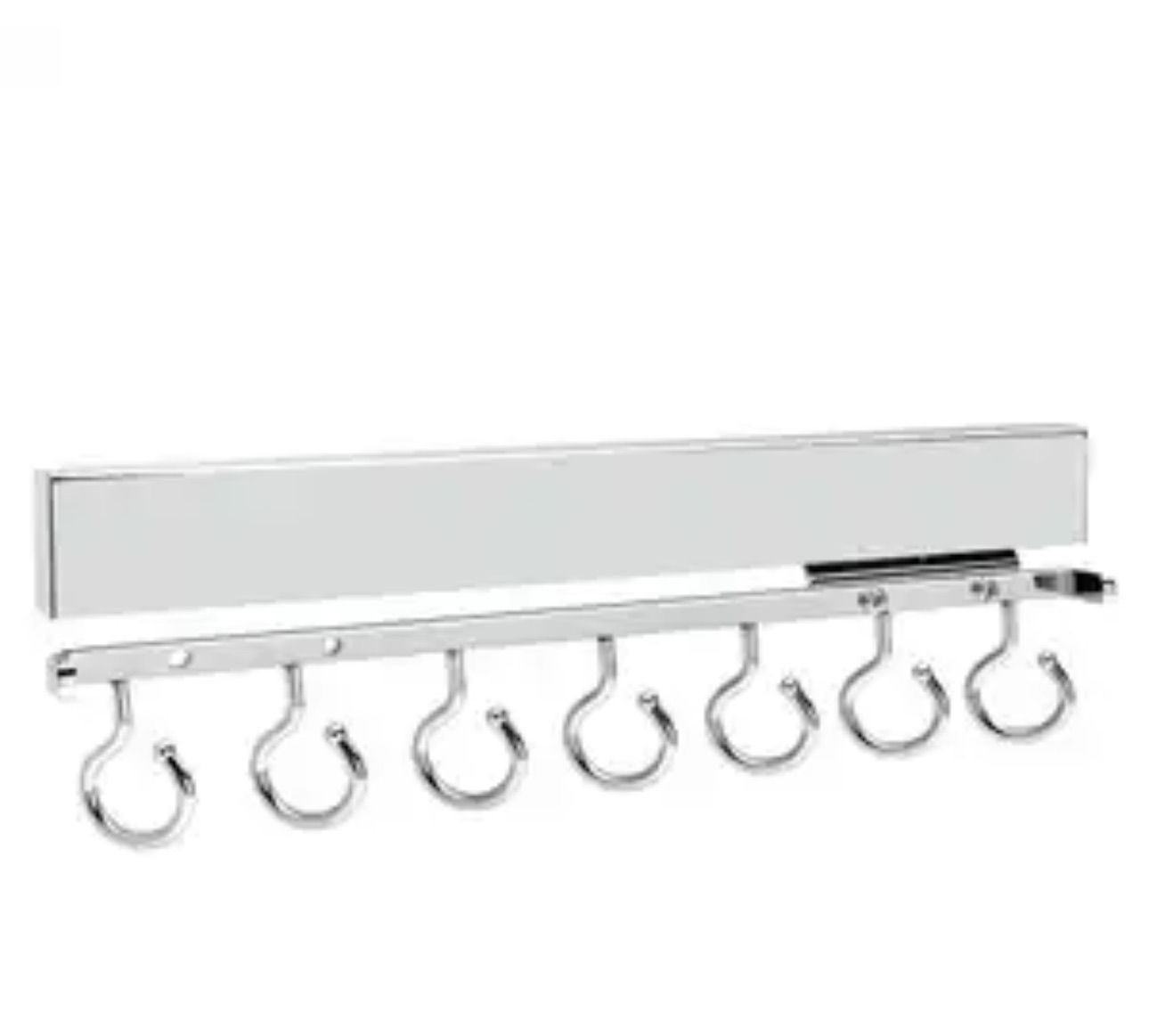 Metal hook rack with eight curved hooks, mounted on a silver bar.