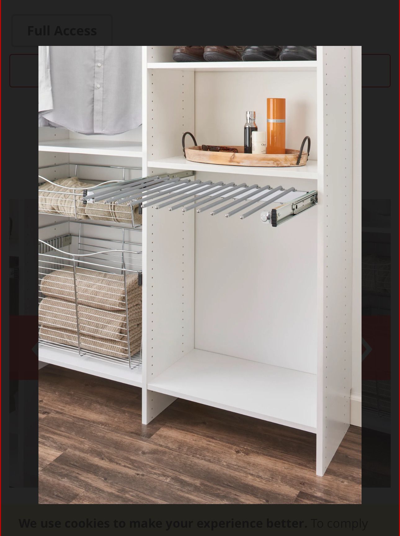 White closet with pull-out pants rack, shelves, and storage baskets.