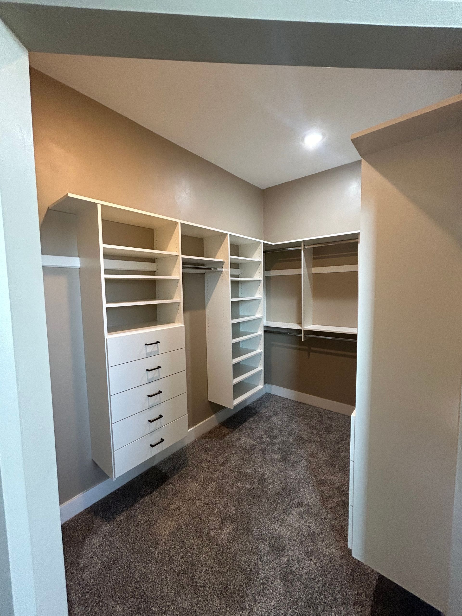 Walk-in closet with white shelving, drawers, and hanging rods on gray walls; brown carpet.