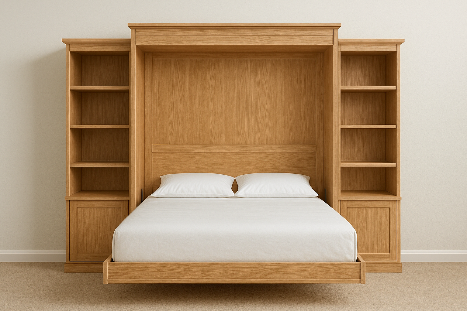 Wooden Murphy bed with side bookshelves, bed is open, white bedding.