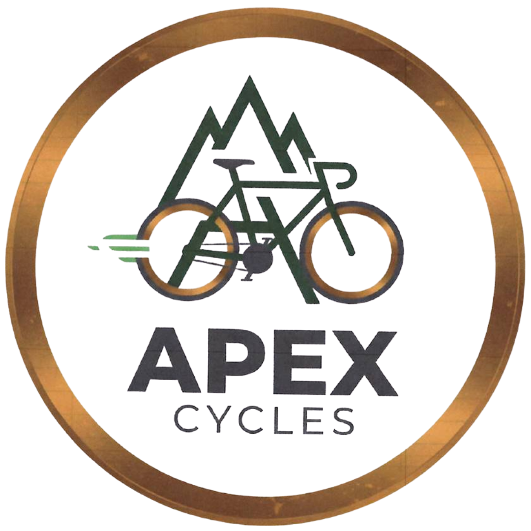 Logo for Apex Cycles featuring a bicycle silhouetted against a mountain range within a circular gold border.