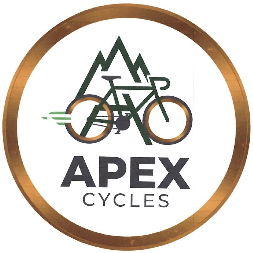 Logo for Apex Cycles featuring a dark green mountain icon over a bike, set within a copper circular border.