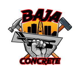 Logo: "Baja Concrete" with a fist holding a trowel, tools, and city skyline silhouette.