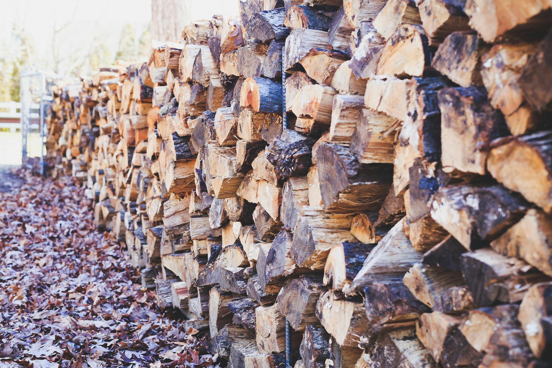 Pile of firewood stacked neatly outdoors, brown and beige tones.