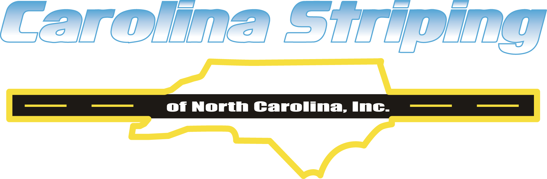 Logo for Carolina Striping of North Carolina, Inc., featuring a yellow map outline over a black road striping graphic.