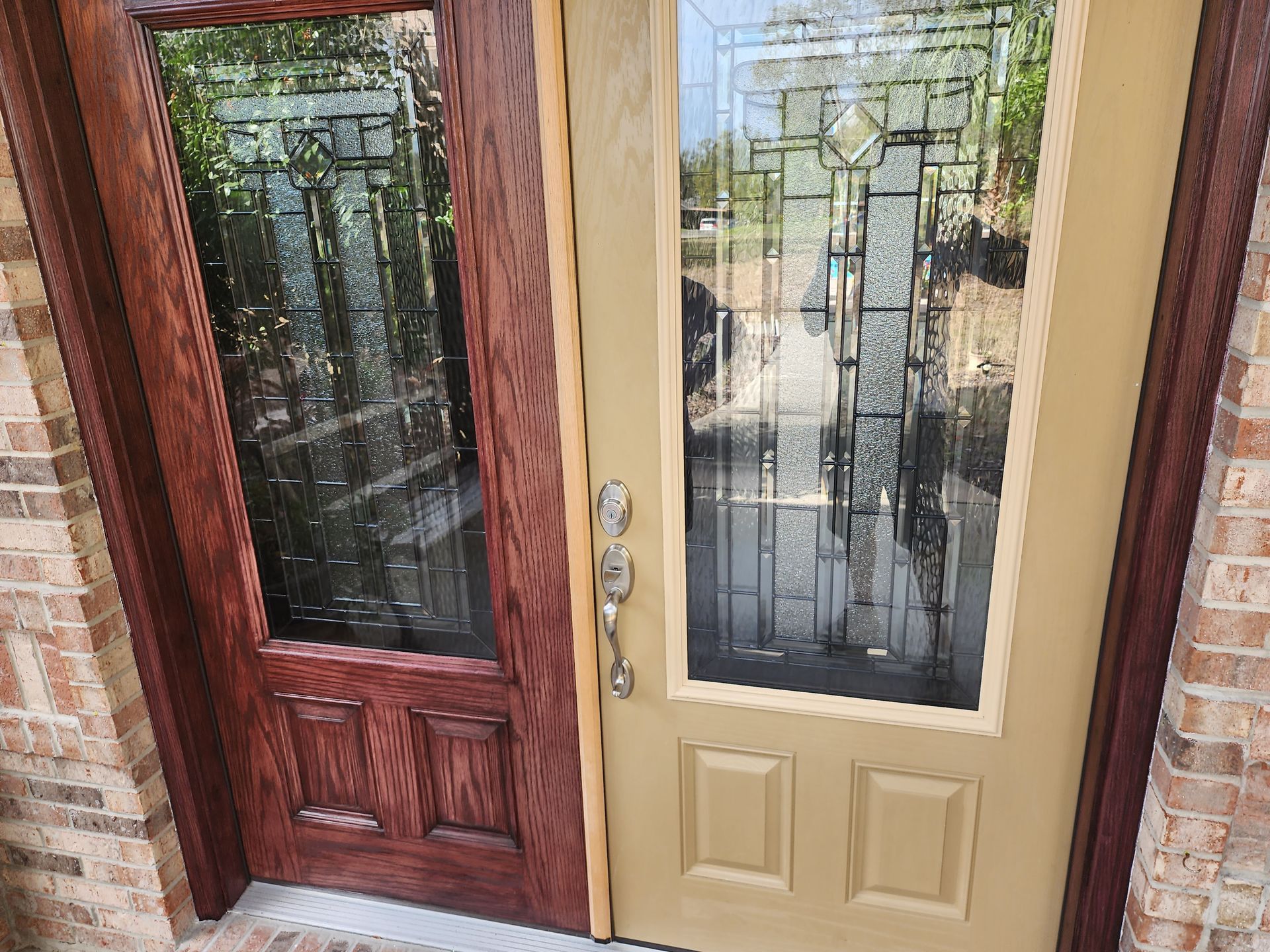 A before and after picture of a door that has been painted.