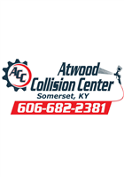 Logo for Atwood Collision Center in Somerset, KY. Features text and a graphic of a spray gun. Phone number: 606-682-2381.