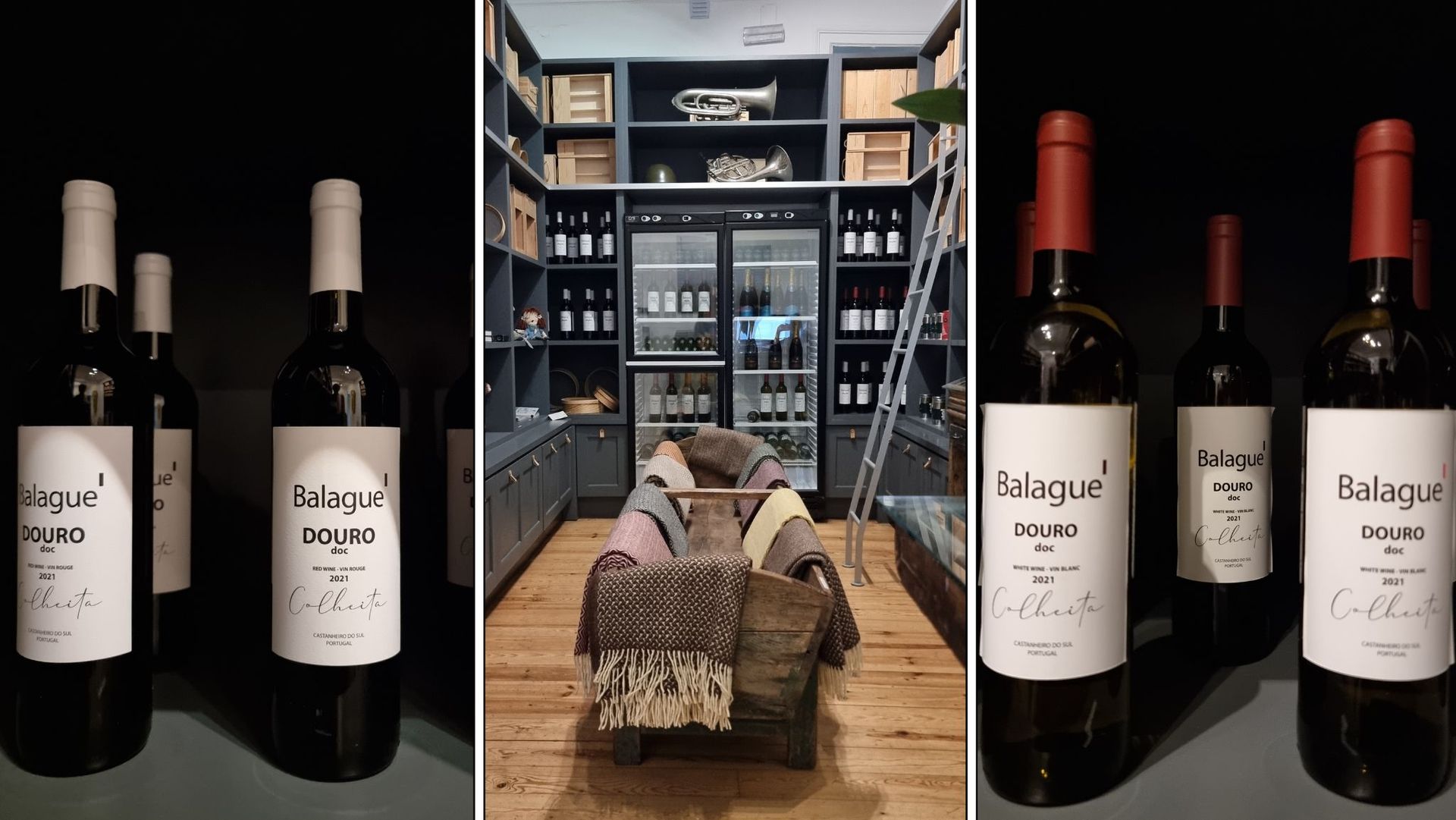 A display of Balagué Wine at the Cheese & Wine store, offering a selection of premium Portuguese wines. The neatly arranged bottles are complemented by a variety of Portuguese souvenirs, including traditional crafts, ceramics, and unique local items. The store provides a charming and authentic shopping experience, showcasing the best of Portugal’s wine and craftsmanship.
