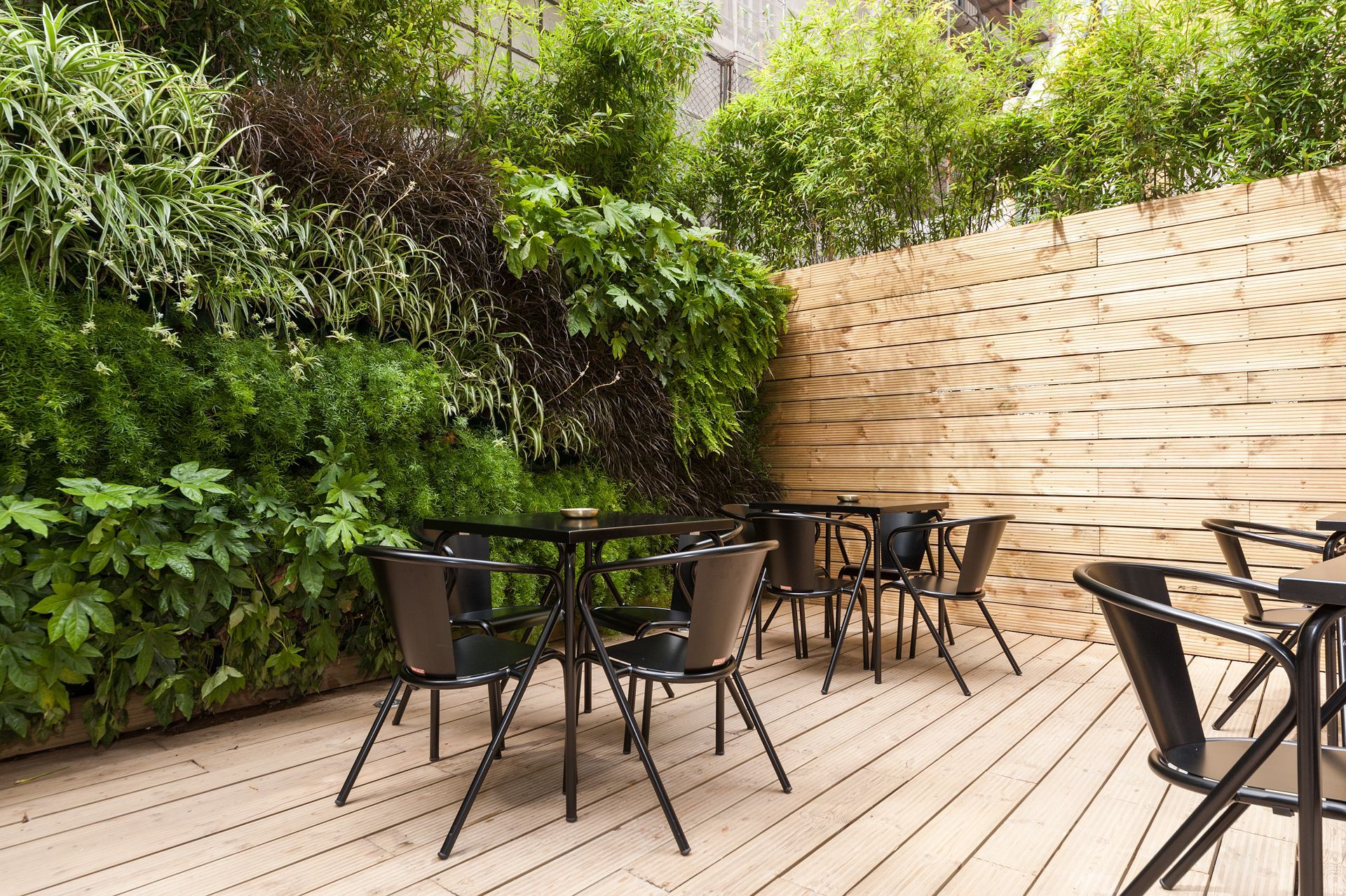 A terrace with tables and chairs in front of a green wall at Cheese & Wine Suites.
