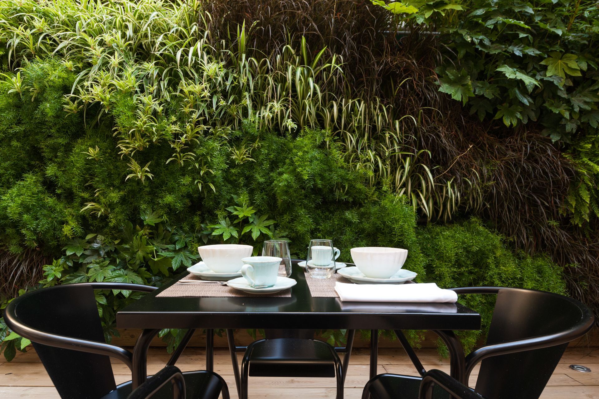 A breakfast table at Cheese & Wine Suites, set beside the lush vertical garden for a fresh and inviting start to the day