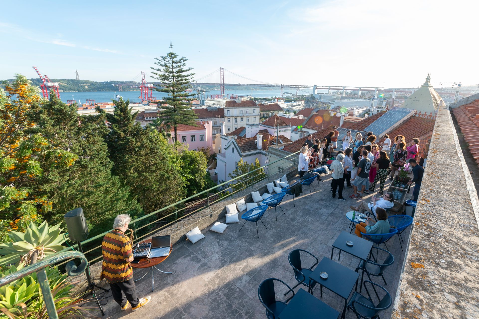 Terrace with a stunning Lisbon view — a peaceful spot to relax at Cheese & Wine.
