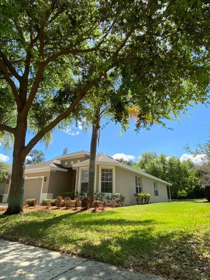 A house with a lot of grass and trees in front of it