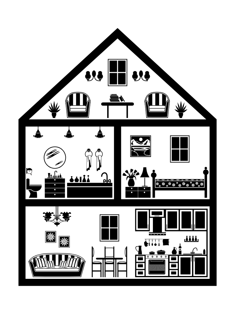 A black and white silhouette of a house with different rooms and furniture.