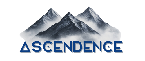 A logo for ascendence with three mountains in the background