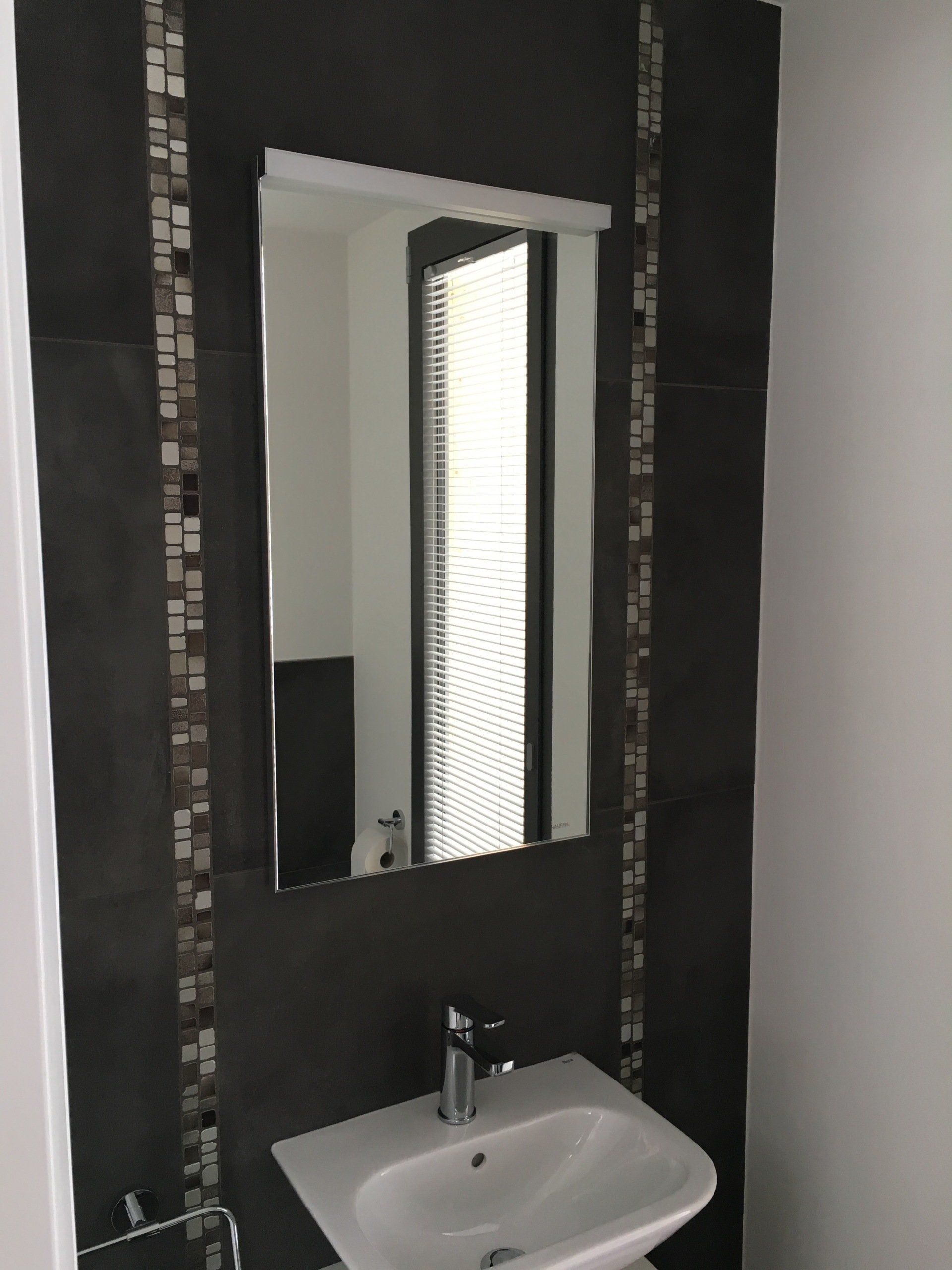 salle de bain avec mur noir strié