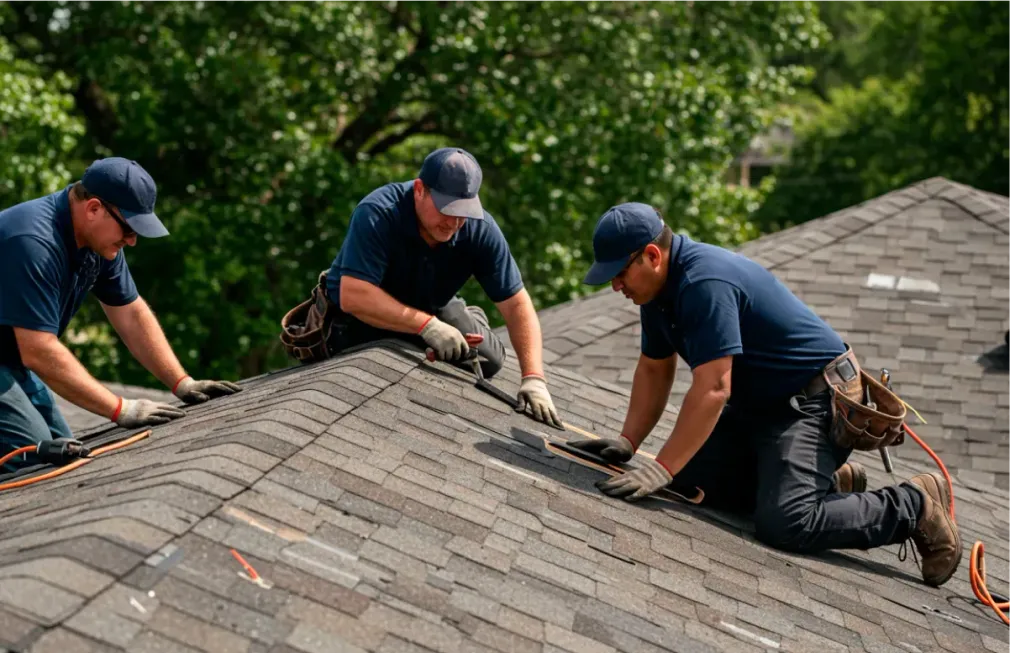 Two men are working on the roof of a house in austin tx
