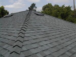 A close up of a roof with a chevron pattern and trees in the background.